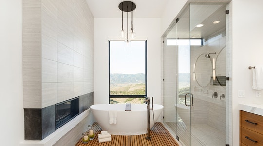 Tall Window Behind Tub Next to Fireplace and Shower